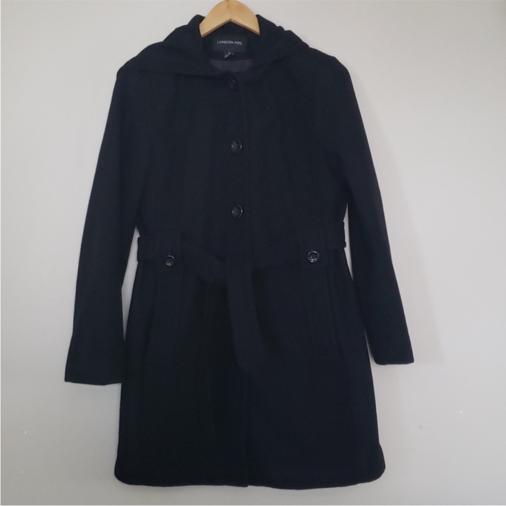 LONDON FOG Black Wool Blend Trench Coat with Hood Size M